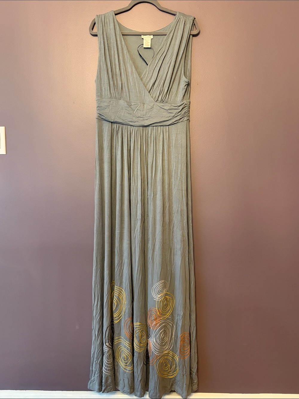 Monroe and Main Sleeveless V-Neck Grey Maxi Dress with Embroidered Swirl Design